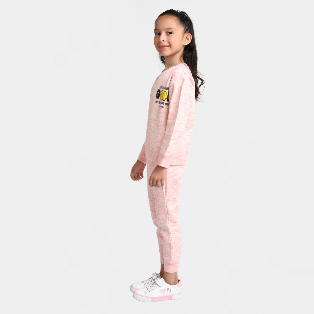 Girls Fleece 2 Piece Suit Smiley-White Pink
