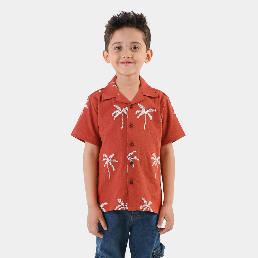 Boys Cotton Jacquard Shirt- Rust