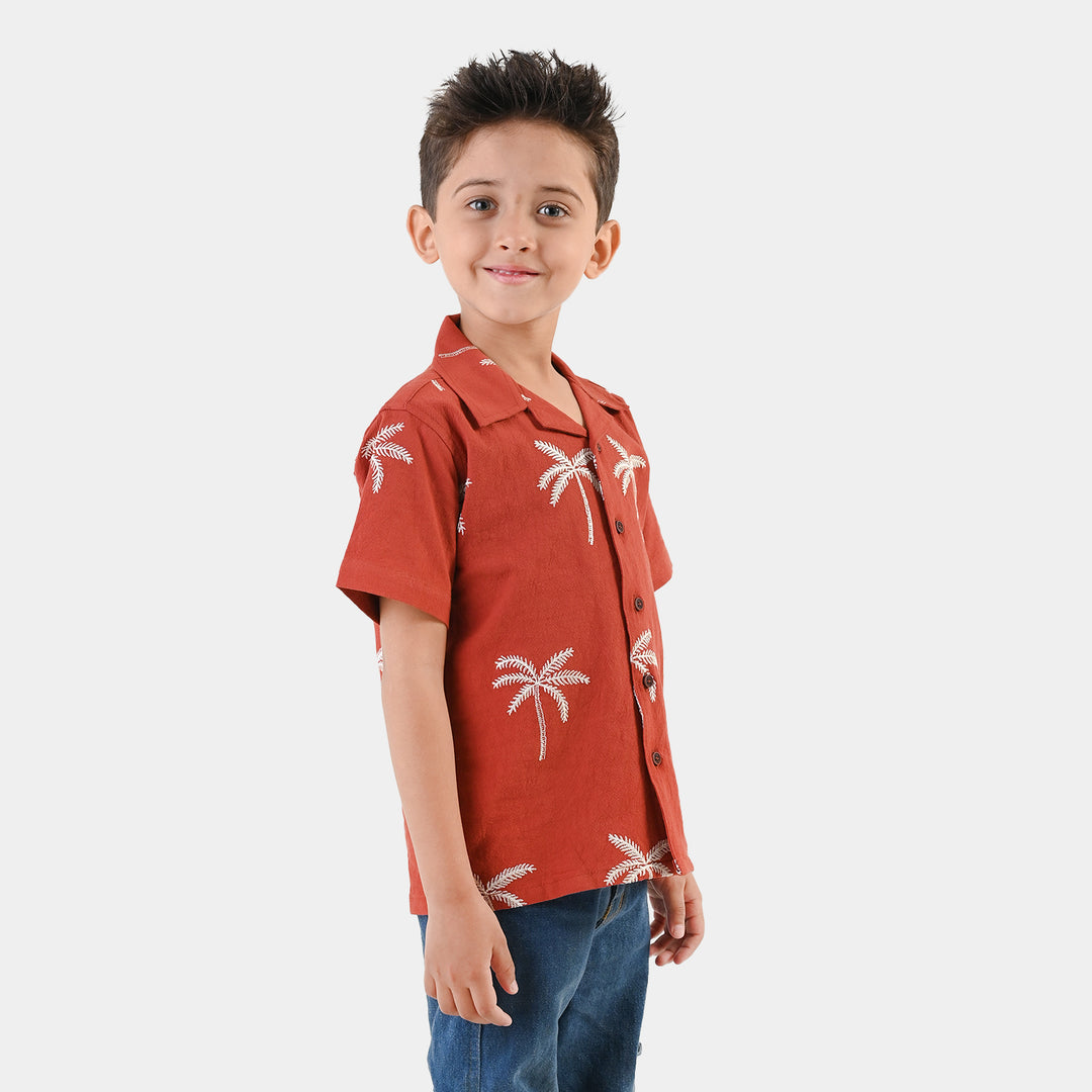 Boys Cotton Jacquard Shirt- Rust