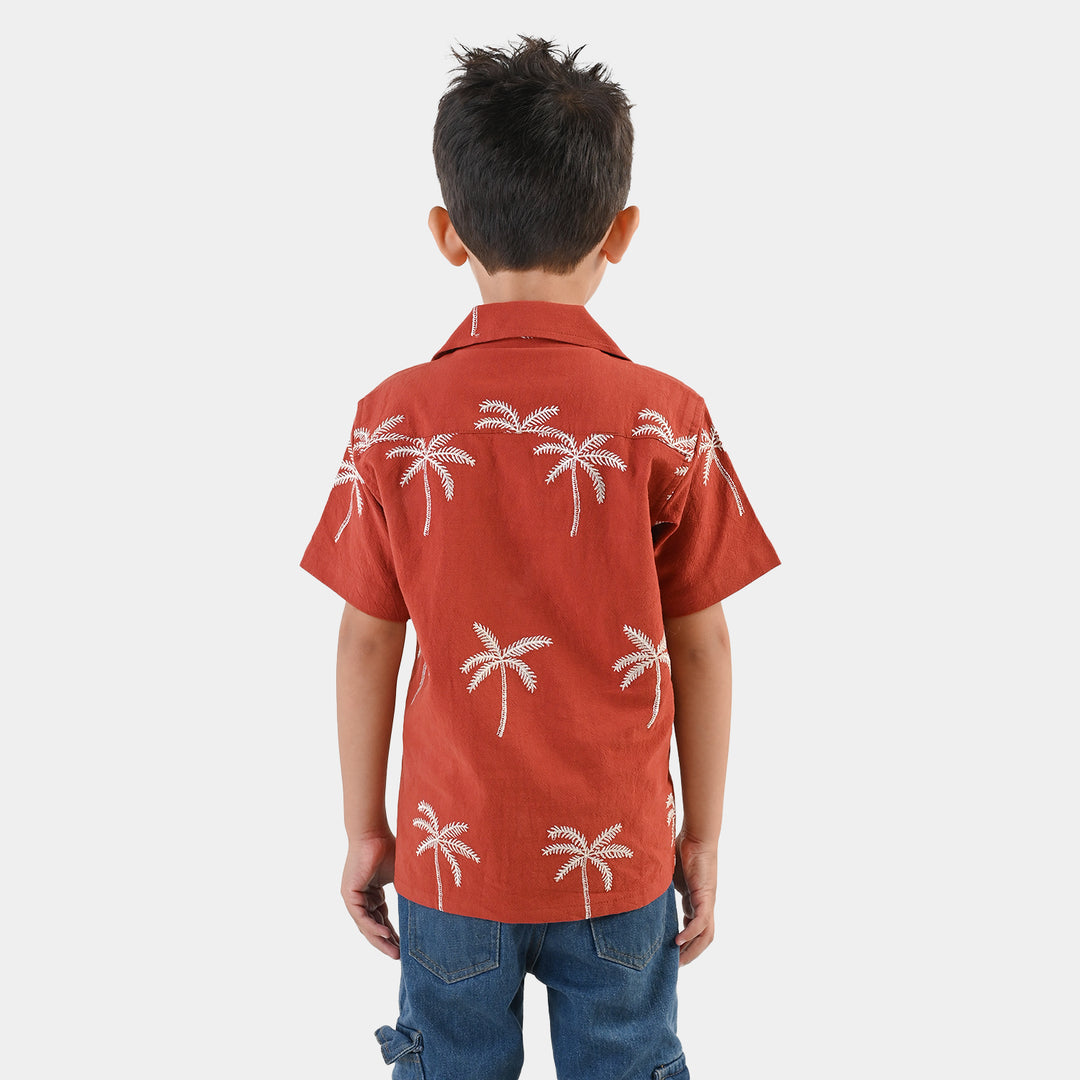 Boys Cotton Jacquard Shirt- Rust