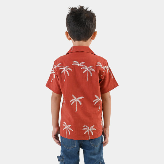 Boys Cotton Jacquard Shirt- Rust