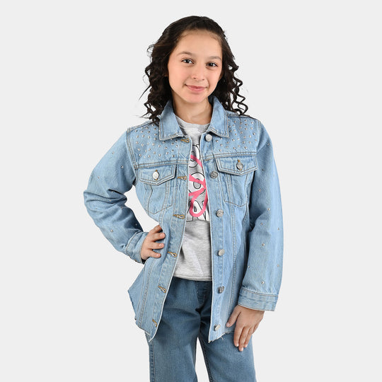 Girls Denim Stretch Woven Jacket Pearls-Light Blue