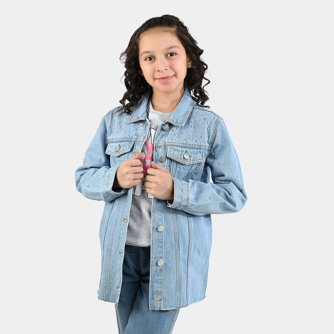 Girls Denim Stretch Woven Jacket Pearls-Light Blue