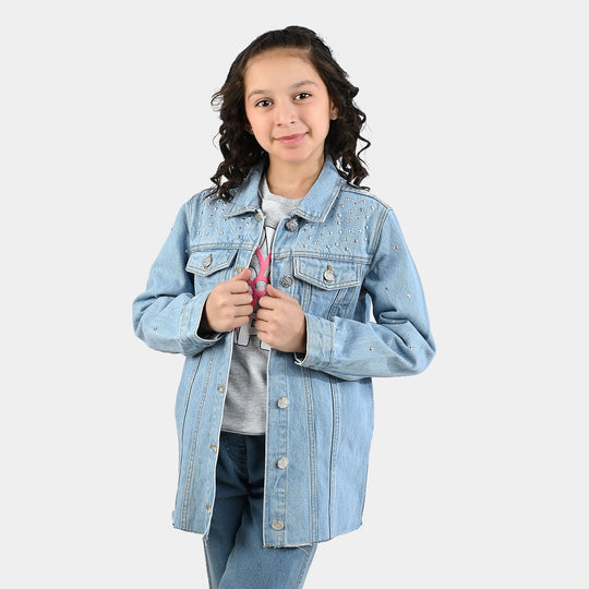 Girls Denim Stretch Woven Jacket Pearls-Light Blue