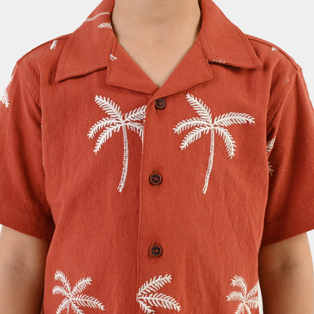 Boys Cotton Jacquard Shirt- Rust
