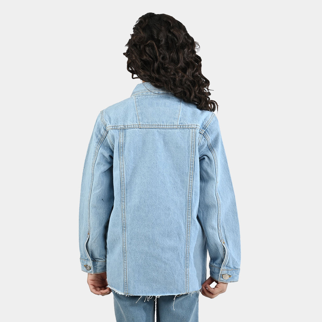 Girls Denim Stretch Woven Jacket Pearls-Light Blue