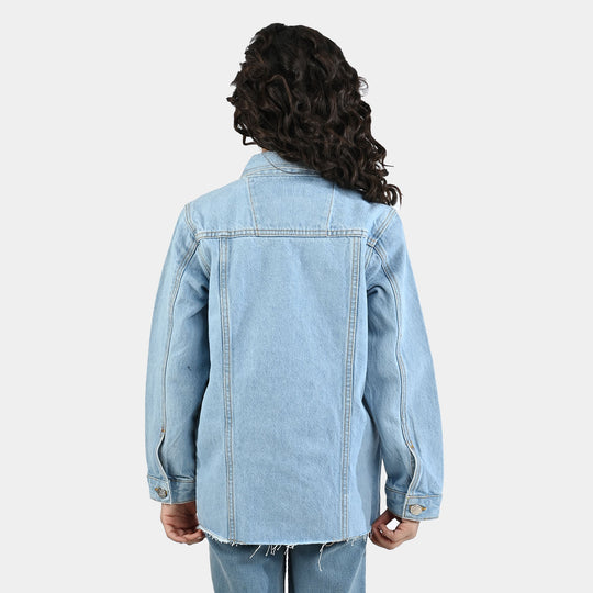 Girls Denim Stretch Woven Jacket Pearls-Light Blue