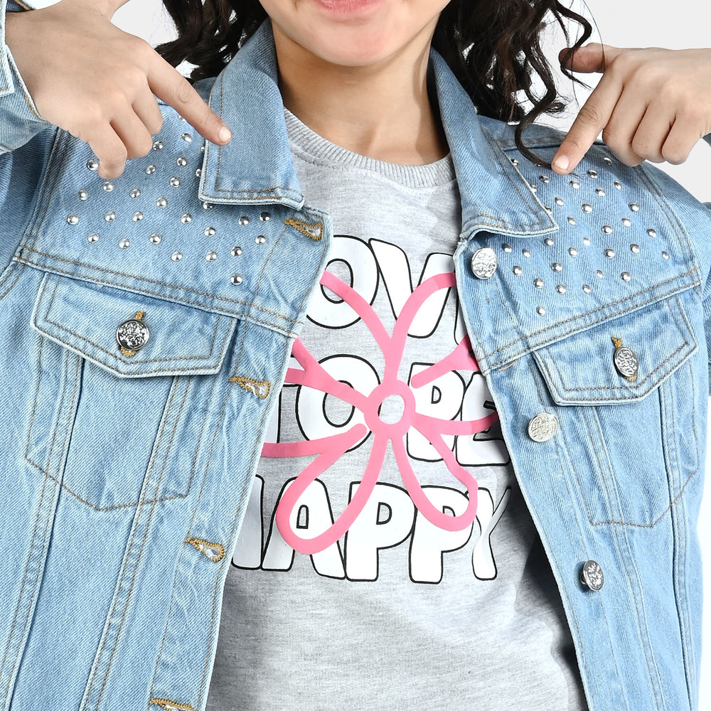 Girls Denim Stretch Woven Jacket Pearls-Light Blue