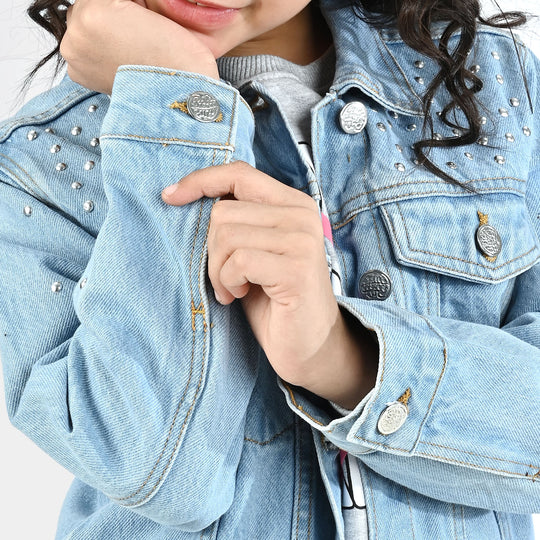 Girls Denim Stretch Woven Jacket Pearls-Light Blue
