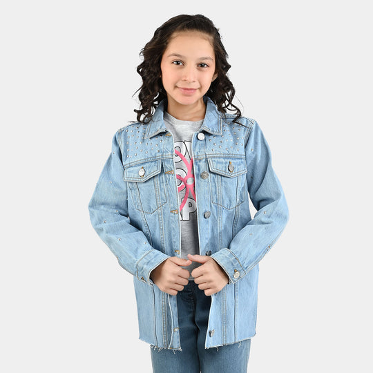 Girls Denim Stretch Woven Jacket Pearls-Light Blue