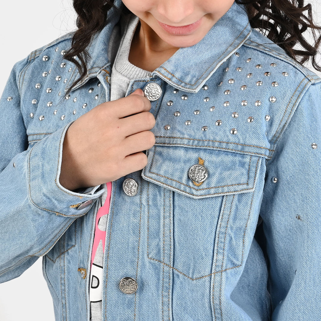 Girls Denim Stretch Woven Jacket Pearls-Light Blue