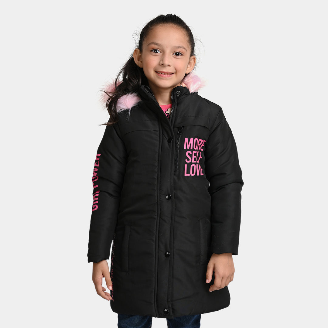 Girls Taffeta Quilted Jacket Parka Smile-Jet Black