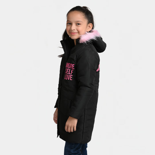 Girls Taffeta Quilted Jacket Parka Smile-Jet Black