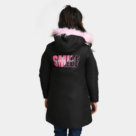 Girls Taffeta Quilted Jacket Parka Smile-Jet Black