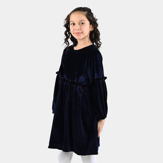 Girls Velvet Casual Frock Ocean-Navy Blue