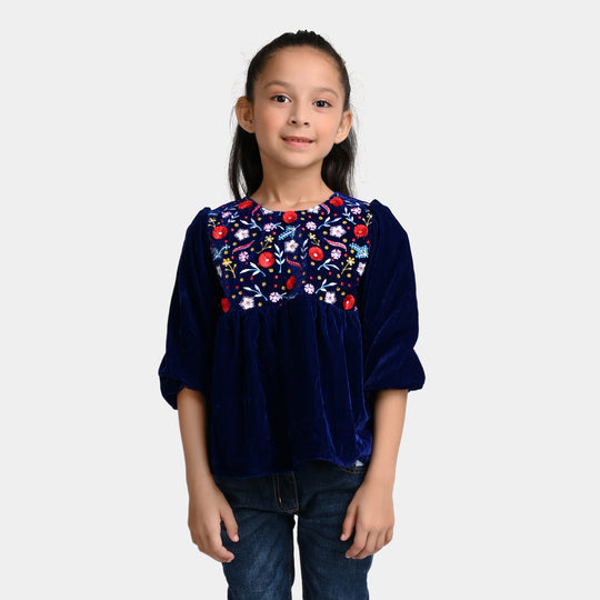 Girls Velvet EMB Top Floral Garden-Navy Blue