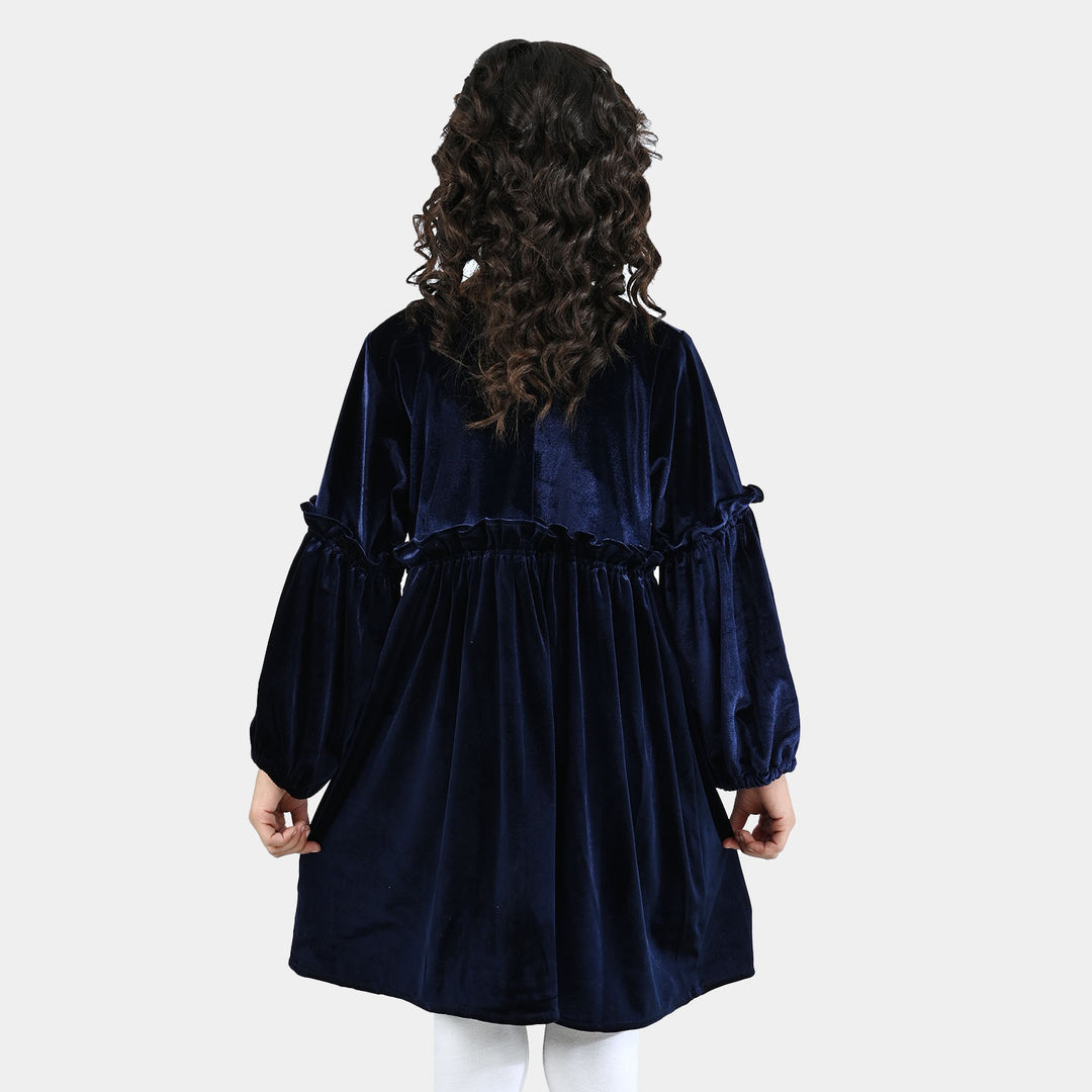 Girls Velvet Casual Frock Ocean-Navy Blue