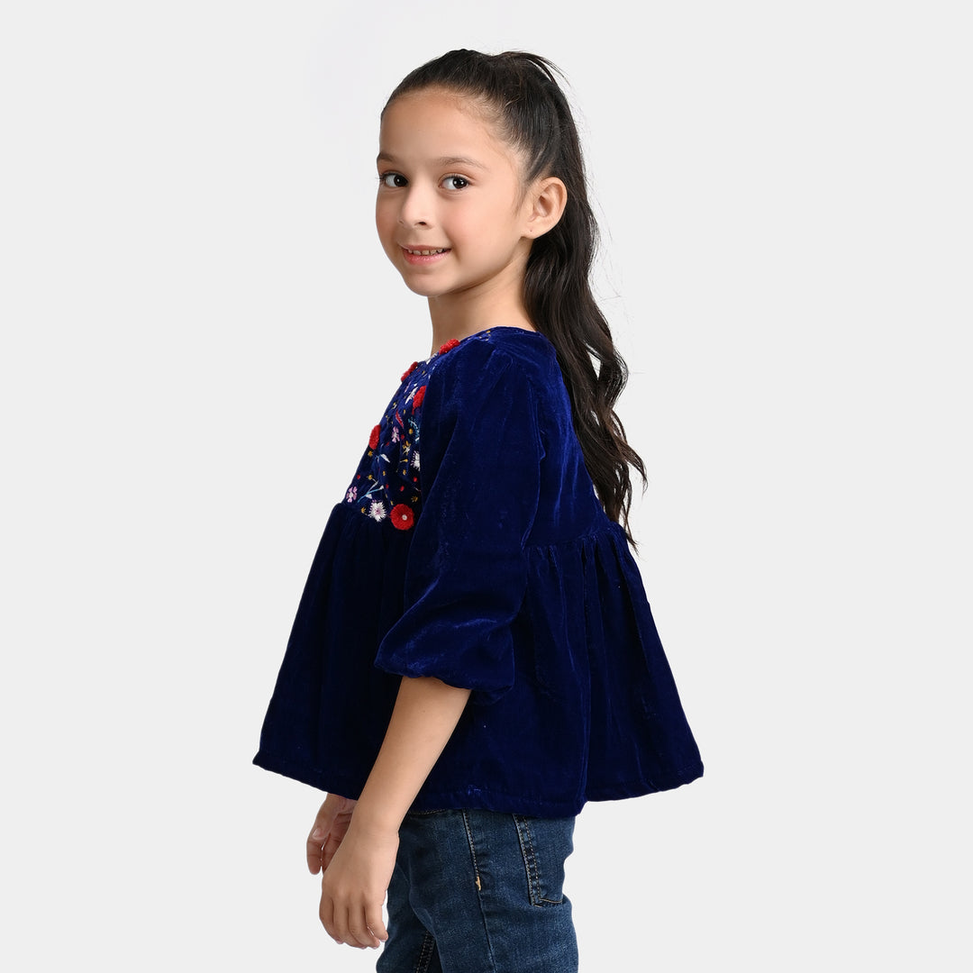 Girls Velvet EMB Top Floral Garden-Navy Blue