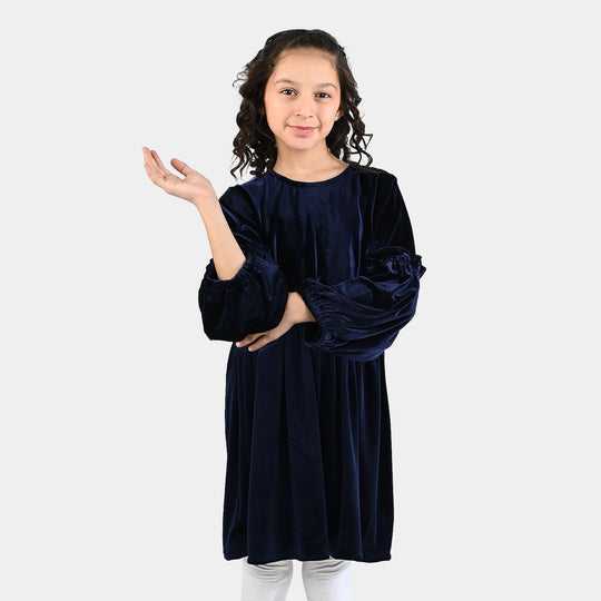 Girls Velvet Casual Frock Ocean-Navy Blue