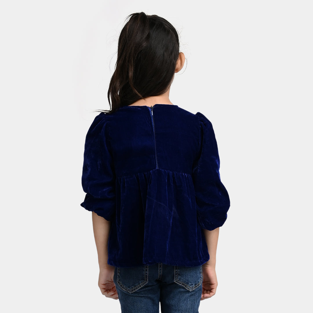 Girls Velvet EMB Top Floral Garden-Navy Blue