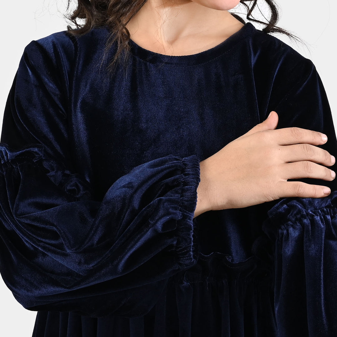 Girls Velvet Casual Frock Ocean-Navy Blue