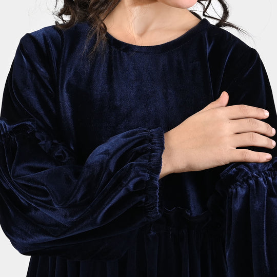 Girls Velvet Casual Frock Ocean-Navy Blue