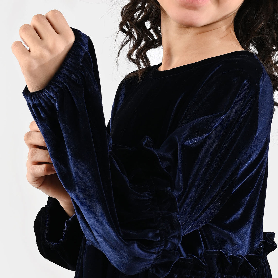 Girls Velvet Casual Frock Ocean-Navy Blue