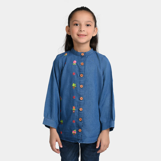 Girls Denim Embroidered Top Flowers - Blue