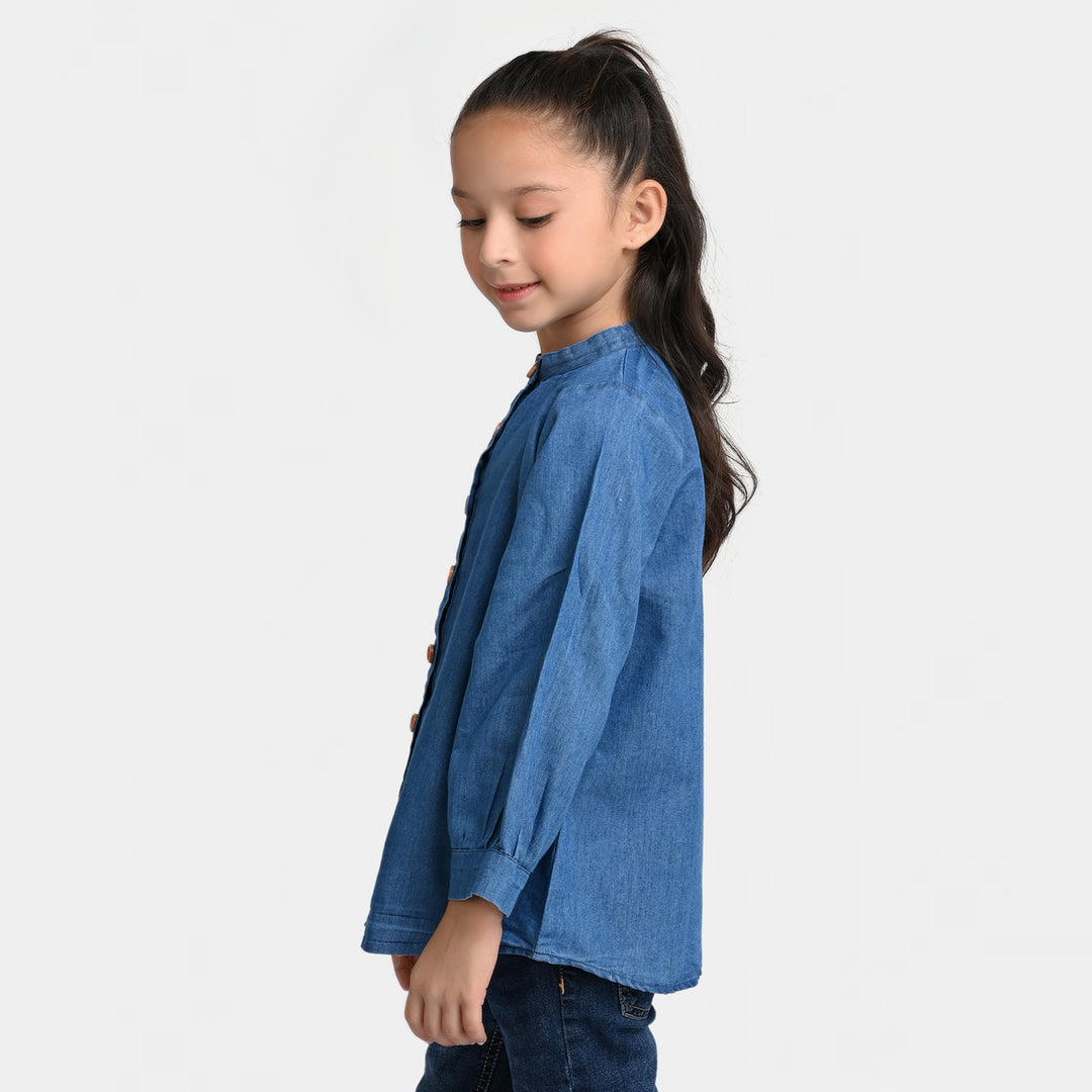 Girls Denim Embroidered Top Flowers - Blue