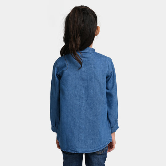 Girls Denim Embroidered Top Flowers - Blue