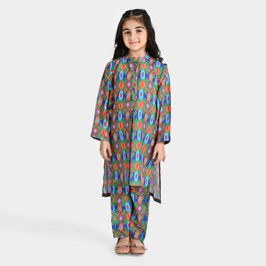 Girls Poly Cambric Printed 2Pcs Suit Ikat-Multi