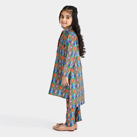 Girls Poly Cambric Printed 2Pcs Suit Ikat-Multi