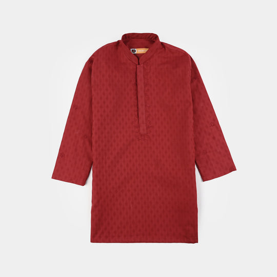 Boys Cotton Jacquard Kurta Pajama (Chin Boti) - Red