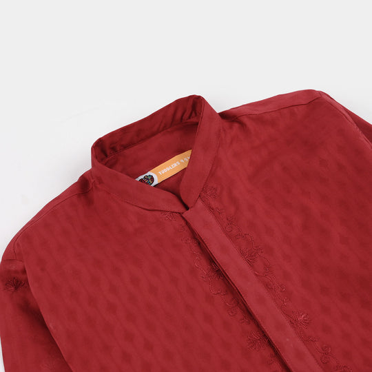 Boys Cotton Jacquard Kurta Pajama (Chin Boti) - Red