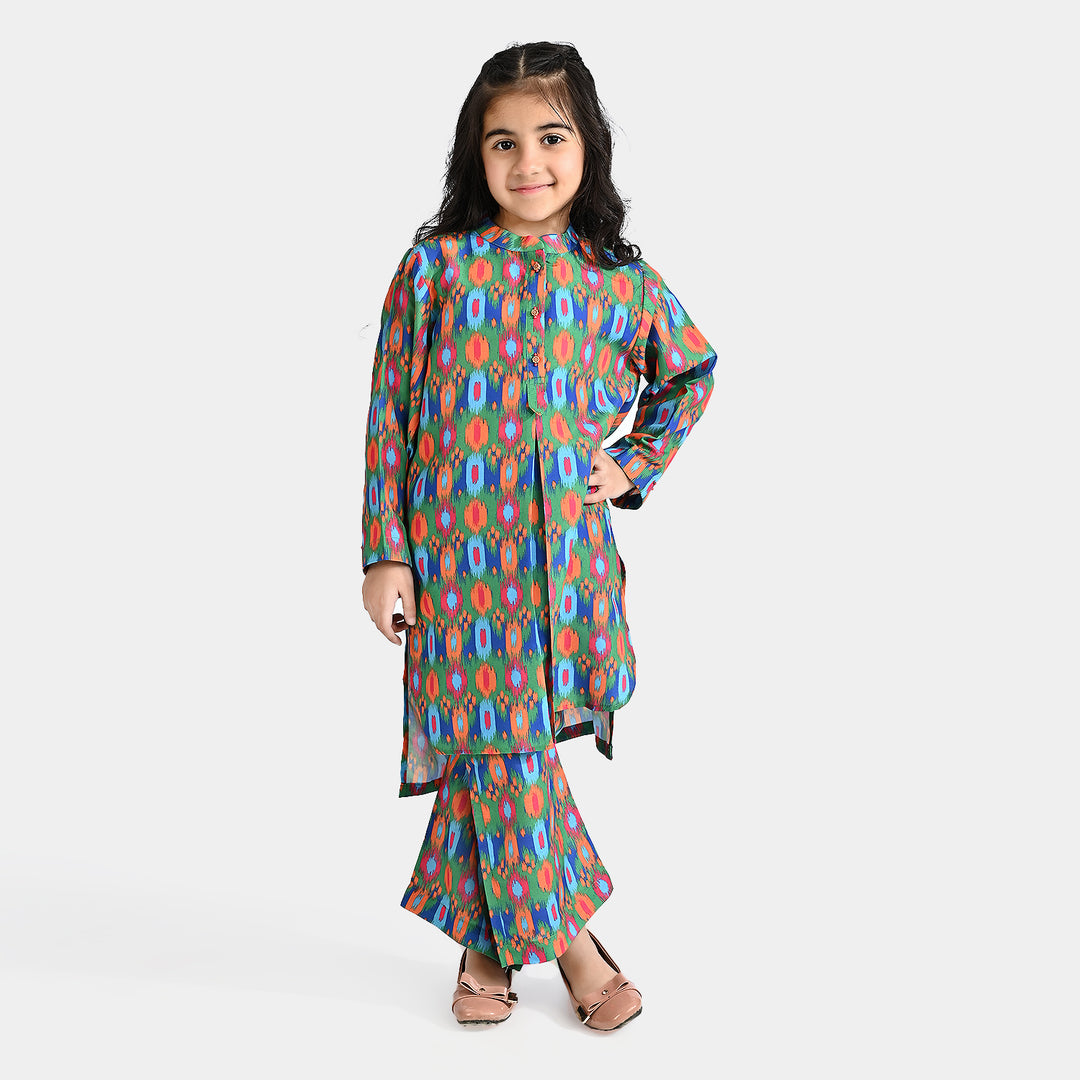 Girls Poly Cambric Printed 2Pcs Suit Ikat-Multi