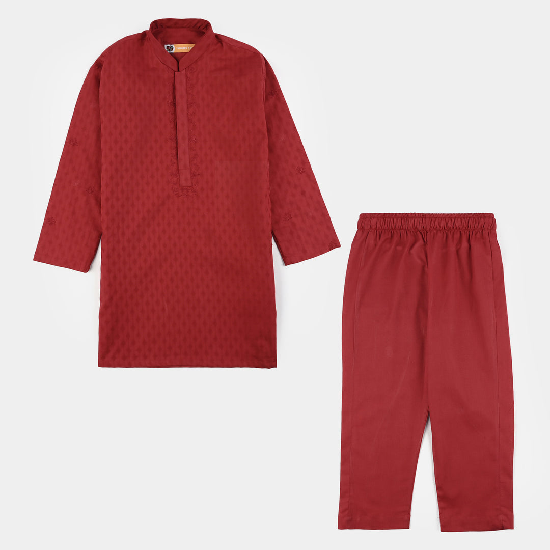 Boys Cotton Jacquard Kurta Pajama (Chin Boti) - Red