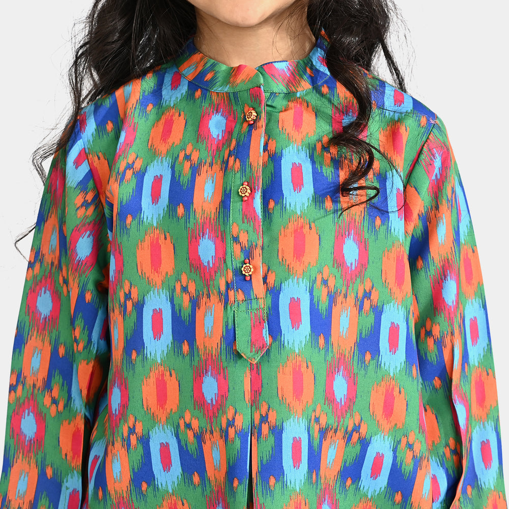 Girls Poly Cambric Printed 2Pcs Suit Ikat-Multi