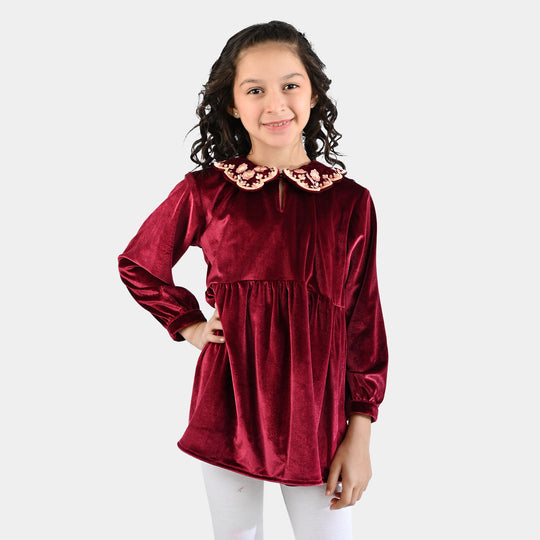 Girls Velvet Emb Top - Maroon