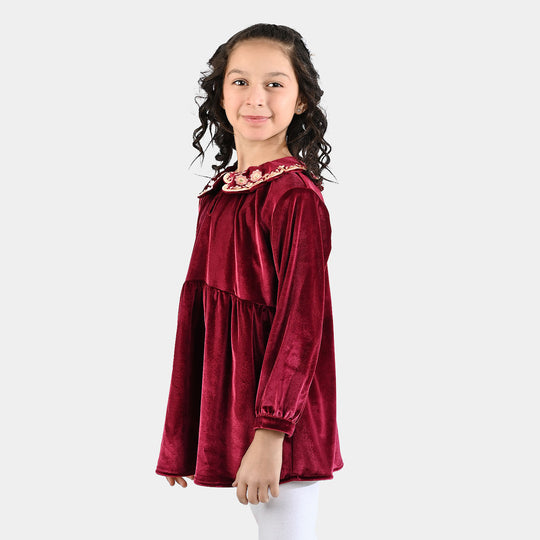 Girls Velvet Emb Top - Maroon