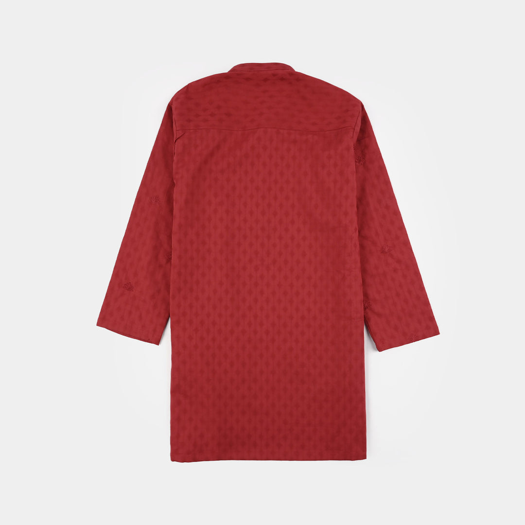 Boys Cotton Jacquard Kurta Pajama (Chin Boti) - Red