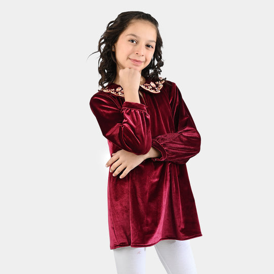 Girls Velvet Emb Top - Maroon