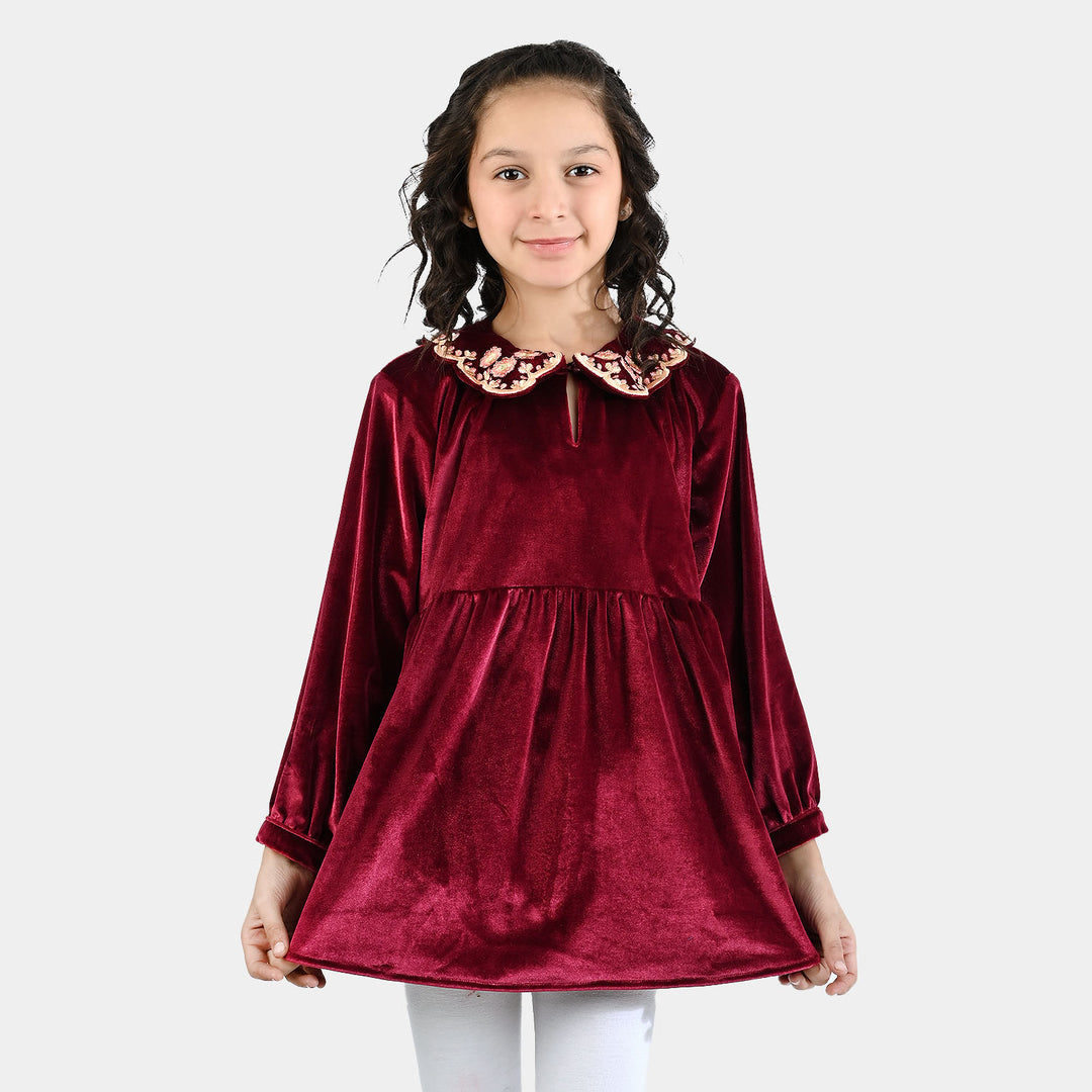 Girls Velvet Emb Top - Maroon