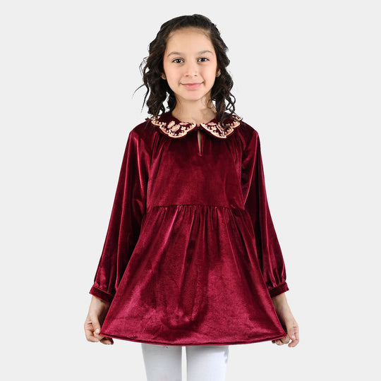 Girls Velvet Emb Top - Maroon