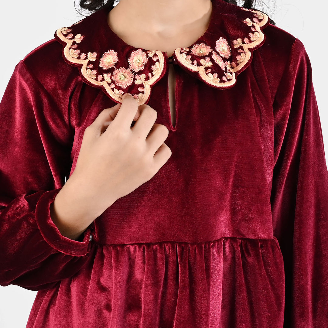Girls Velvet Emb Top - Maroon