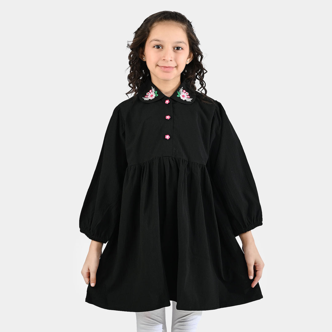 Girls Poly Crinkle Emb Frock-BLACK