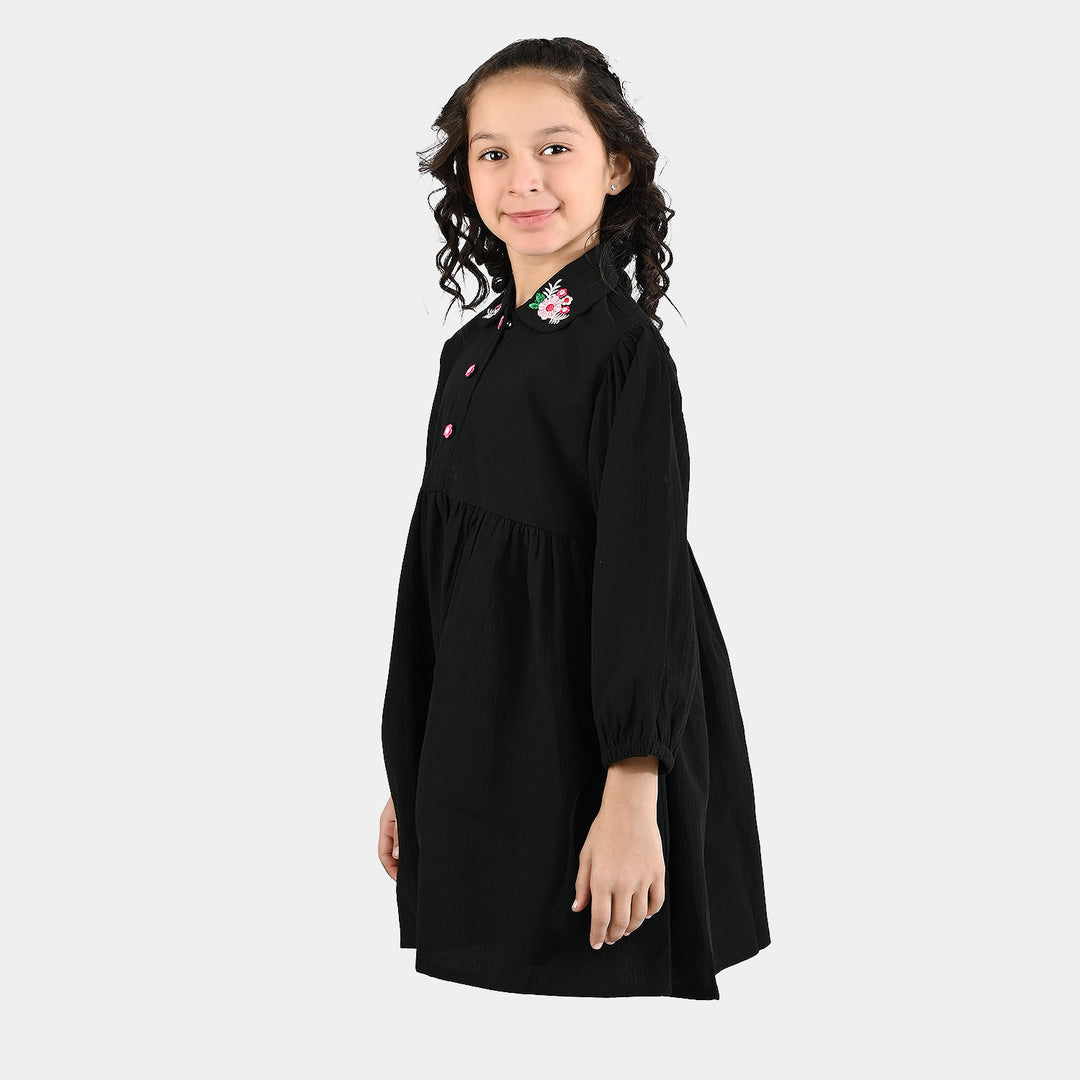 Girls Poly Crinkle Emb Frock-BLACK