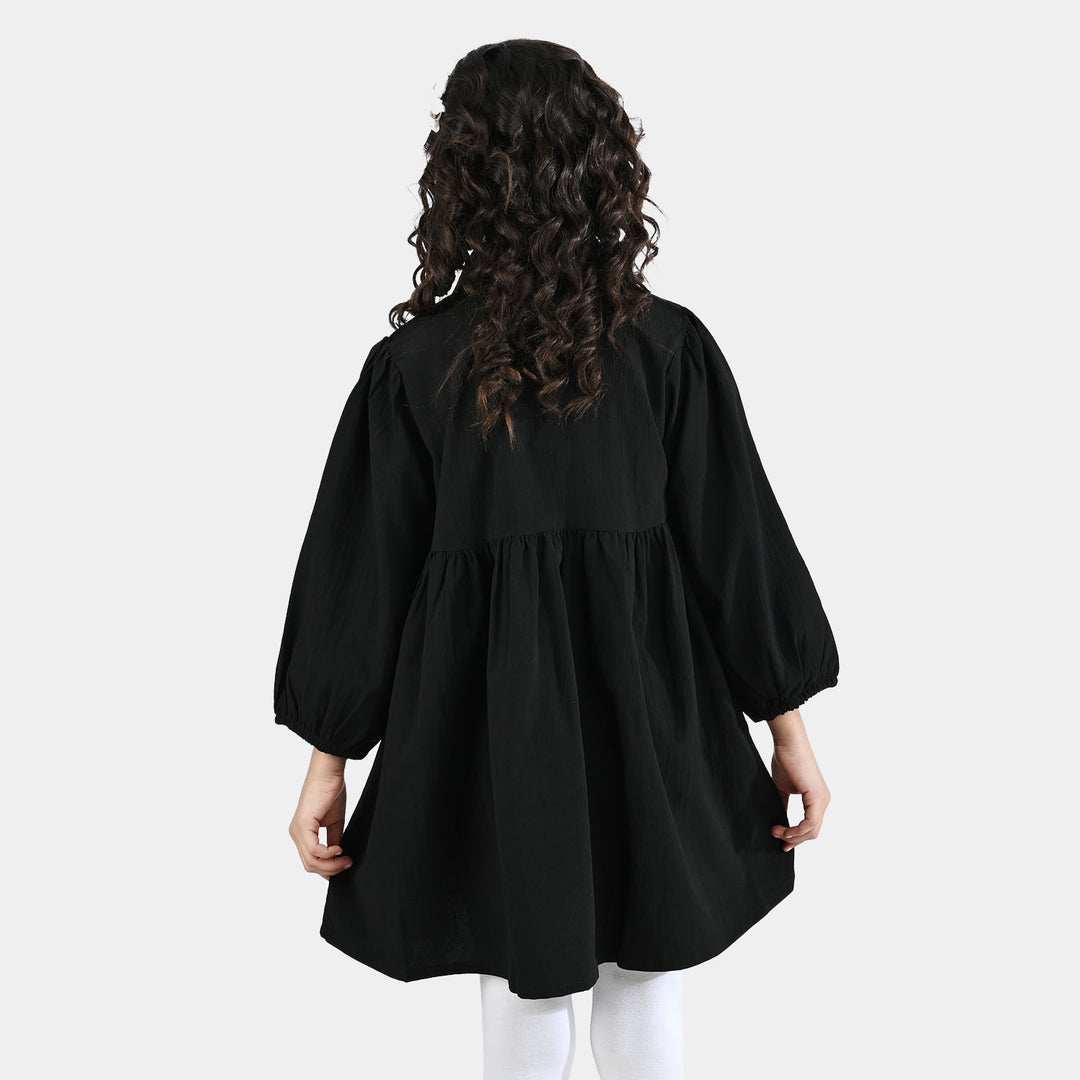 Girls Poly Crinkle Emb Frock-BLACK