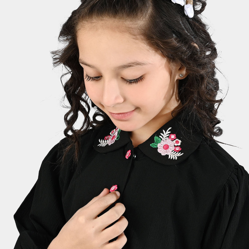 Girls Poly Crinkle Emb Frock-BLACK