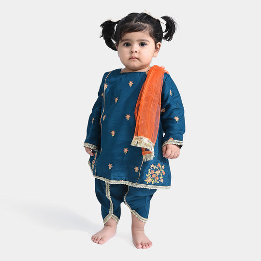 Infant Girls Raw Silk 3Pcs Suit Umang (Teal blue)