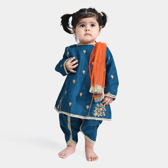 Infant Girls Raw Silk 3Pcs Suit Umang (Teal blue)